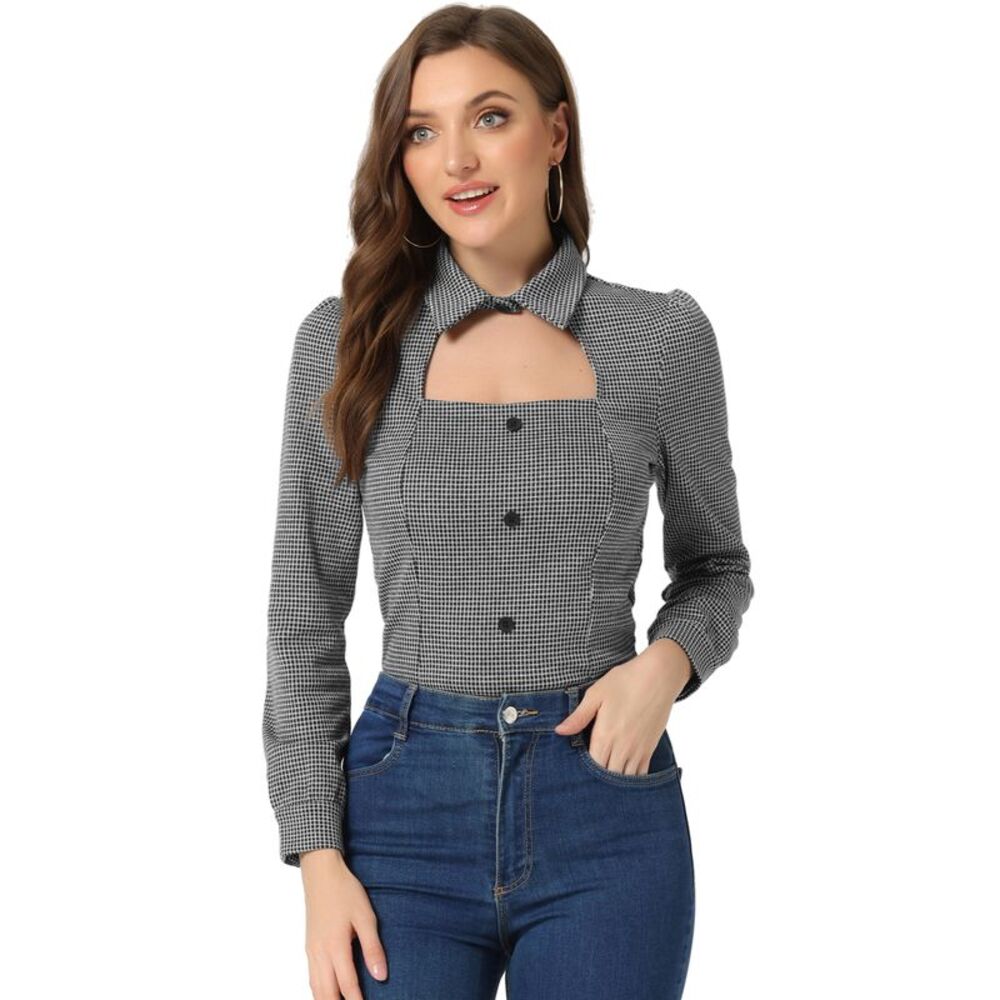 Plaid Choker Top Houndstooth Print Long Sleeve Cutout Blouse White Black